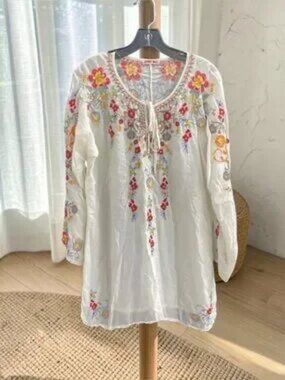 Johnny Was White Embroidered Boho Tunic Floral Long Sleeve Sheer Blouse Women’s